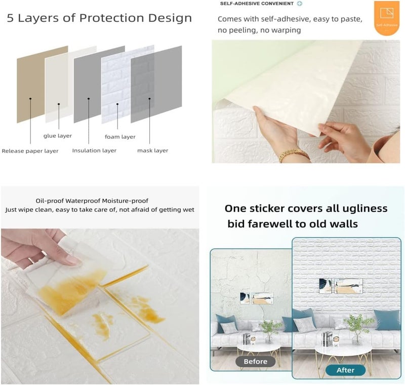 3D Brick Wall Stickers Self Adhesive,77L x 70W CM White Waterproof Foam Panels, Peel and wallpaper for Living Room Bedroom Kitchen (4) - Image 5