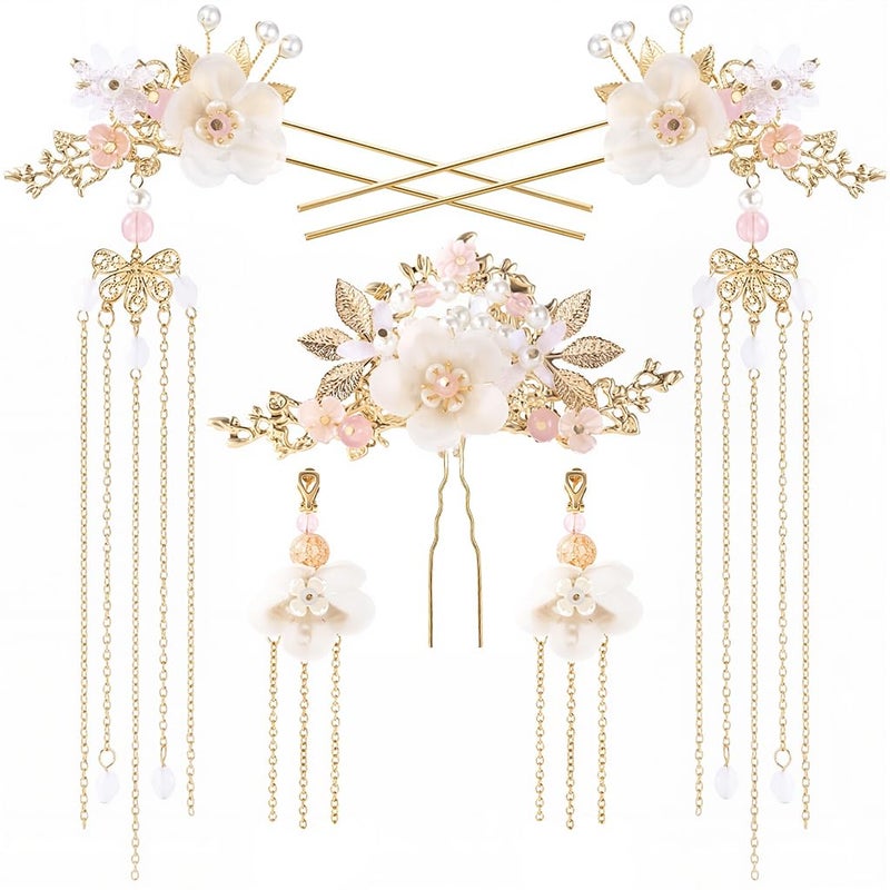M'AYCREATE MAYCREATE® 5Pcs Flower Tassels Hair Pin Crystal Rhinestone Pearl Headpiece Drop Earrings Retro Brides Hair Accessories for Women Girls - Image 1