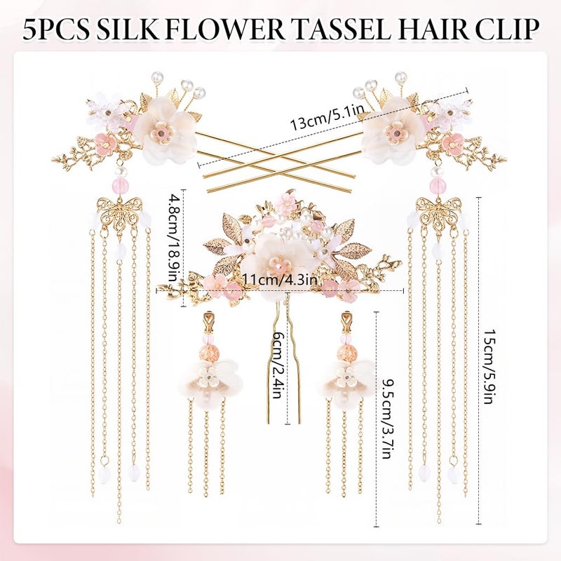 M'AYCREATE MAYCREATE® 5Pcs Flower Tassels Hair Pin Crystal Rhinestone Pearl Headpiece Drop Earrings Retro Brides Hair Accessories for Women Girls - Image 2