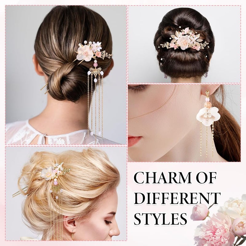 M'AYCREATE MAYCREATE® 5Pcs Flower Tassels Hair Pin Crystal Rhinestone Pearl Headpiece Drop Earrings Retro Brides Hair Accessories for Women Girls - Image 4