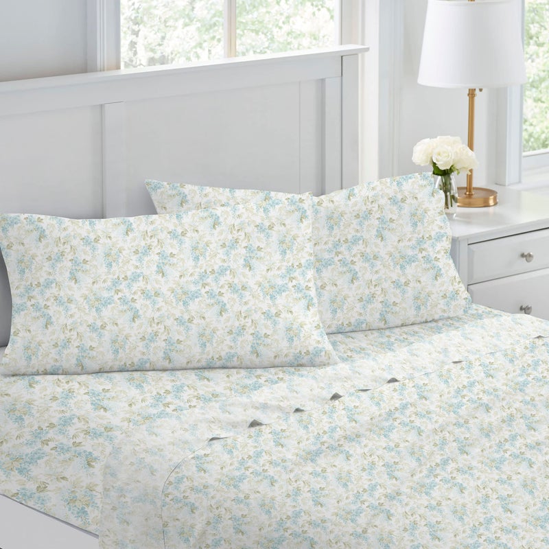 Laura Ashley - Queen Sheets  Soft Sateen Cotton Bedding Set - Sleek  Smooth  & Breathable Home Decor (Rena Teal  Queen)