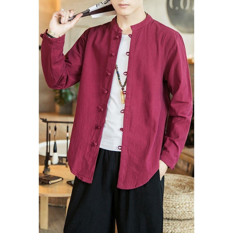 Autumn Mens Clothing Retro Style Chinese Style Cotton and Linen Chinese Style Hanfu Tang Coat Cardigan Loose Casual Long-sleeved Shirt Wine red 