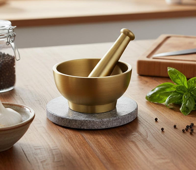 Esplanade Metal Brass Mortar Pestle Set for Kitchen – 4" Okhli for Grinding Spices, Herbs – Traditional Imam Dasta, Kharal, Kundi - Image 2