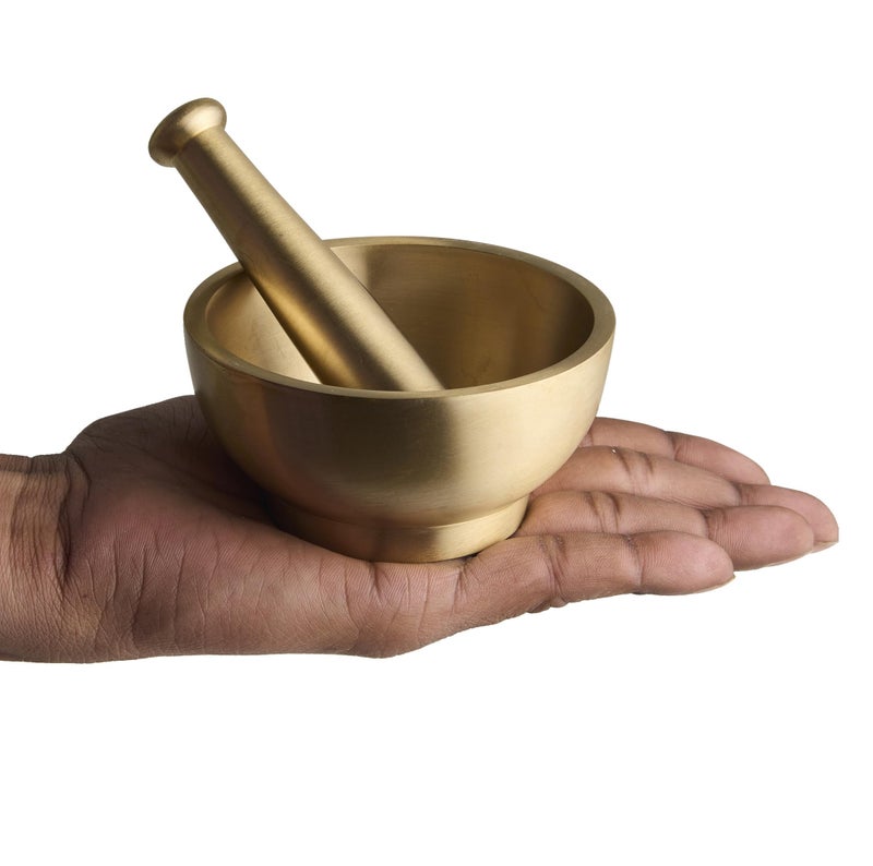 Esplanade Metal Brass Mortar Pestle Set for Kitchen – 4" Okhli for Grinding Spices, Herbs – Traditional Imam Dasta, Kharal, Kundi - Image 4