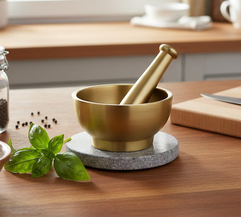 Esplanade Metal Brass Mortar Pestle Set for Kitchen – 4" Okhli for Grinding Spices, Herbs – Traditional Imam Dasta, Kharal, Kundi - Image 1