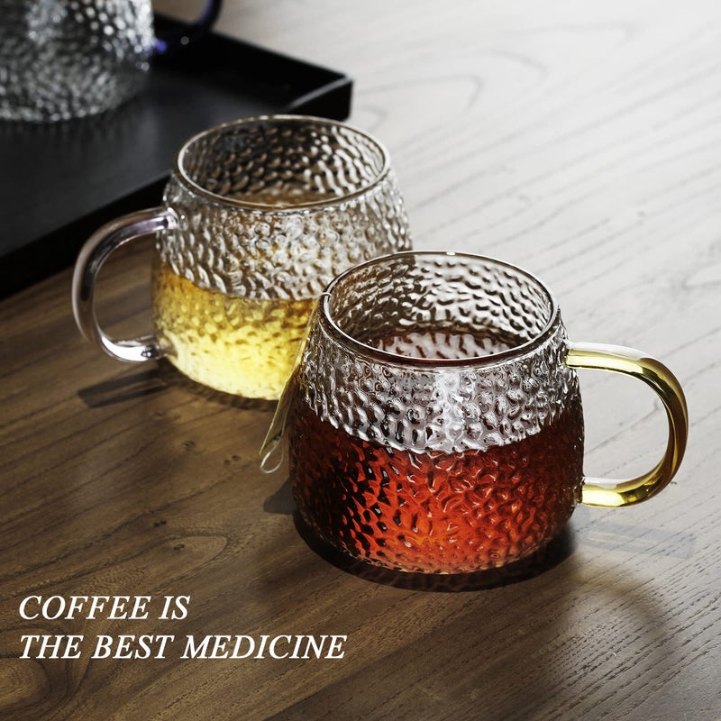 Luxu Hammered Tea Cups Glass Coffee Mugs Set Of 6 Coffee Cups With Different Color Handles-15 Oz Prefect For Cappuccino Latte Water Mocha Milk Widely Used For Cafes Home And Office - Image 5