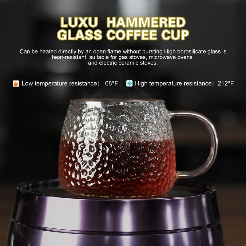 Luxu Hammered Tea Cups Glass Coffee Mugs Set Of 6 Coffee Cups With Different Color Handles-15 Oz Prefect For Cappuccino Latte Water Mocha Milk Widely Used For Cafes Home And Office - Image 2