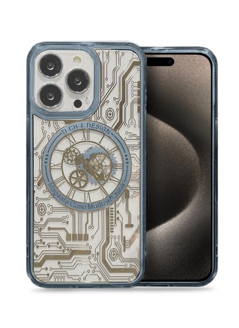 Frosted Mechanical Gear Watch Pattern Case Designed for Apple iPhone 15 Pro Max Compatible with Magsafe – Sky Blue