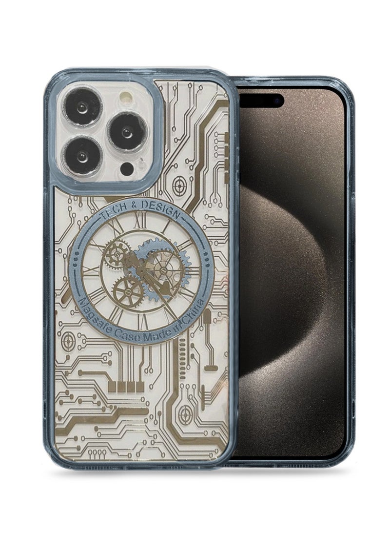 Techie - Frosted Mechanical Gear Watch Pattern Case Designed for Apple iPhone 15 Pro Max Compatible with Magsafe – Sky Blue - Image 1