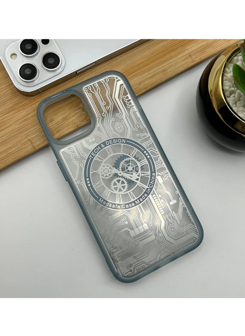 Techie - Frosted Mechanical Gear Watch Pattern Case Designed for Apple iPhone 15 Pro Max Compatible with Magsafe – Sky Blue - Image 1