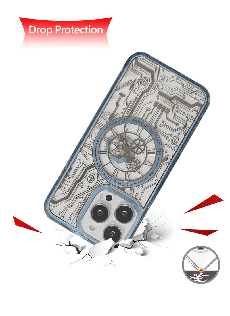 Techie - Frosted Mechanical Gear Watch Pattern Case Designed for Apple iPhone 15 Pro Max Compatible with Magsafe – Sky Blue - Image 1