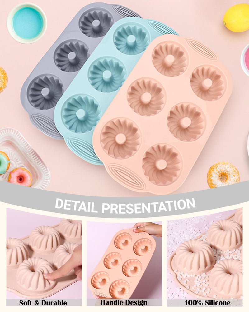SmartKitch Jello Molds 3pcs Silicone Fluted Tube Cake Pans, 6 Cavity Heritage Bundtlette Cake Silicone Mold for Baking Non Stick Fancy Molds (Pink+Blue+Gray, Fluted Tube) - Image 3