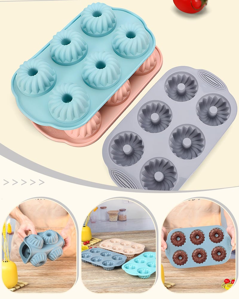 SmartKitch Jello Molds 3pcs Silicone Fluted Tube Cake Pans, 6 Cavity Heritage Bundtlette Cake Silicone Mold for Baking Non Stick Fancy Molds (Pink+Blue+Gray, Fluted Tube) - Image 4