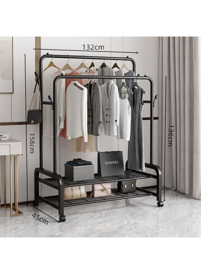 Bold Hanger Floor Drying Rack Household Indoor Folding Vertical Clothes Shelf Simple Wardrobe Storage-Colour:Recommended  Black Double Rod Double Layer + Wheels 1.3m  - Image 1