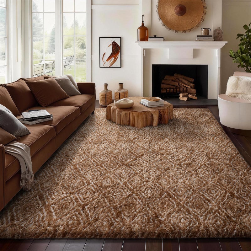 Ophanie Brown and White Diamond Striped Rugs for Living Room 8x10, Fluffy Shag Large Fuzzy Plush Soft Carpets, Shaggy Rugs for Bedroom, Carpet for Kids Boys Girls Dorm Nursery Home Decor Aesthetic - Image 2