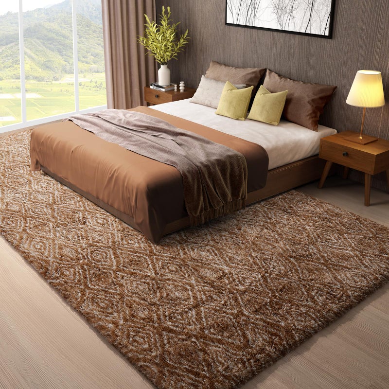 Ophanie Brown and White Diamond Striped Rugs for Living Room 8x10, Fluffy Shag Large Fuzzy Plush Soft Carpets, Shaggy Rugs for Bedroom, Carpet for Kids Boys Girls Dorm Nursery Home Decor Aesthetic - Image 5
