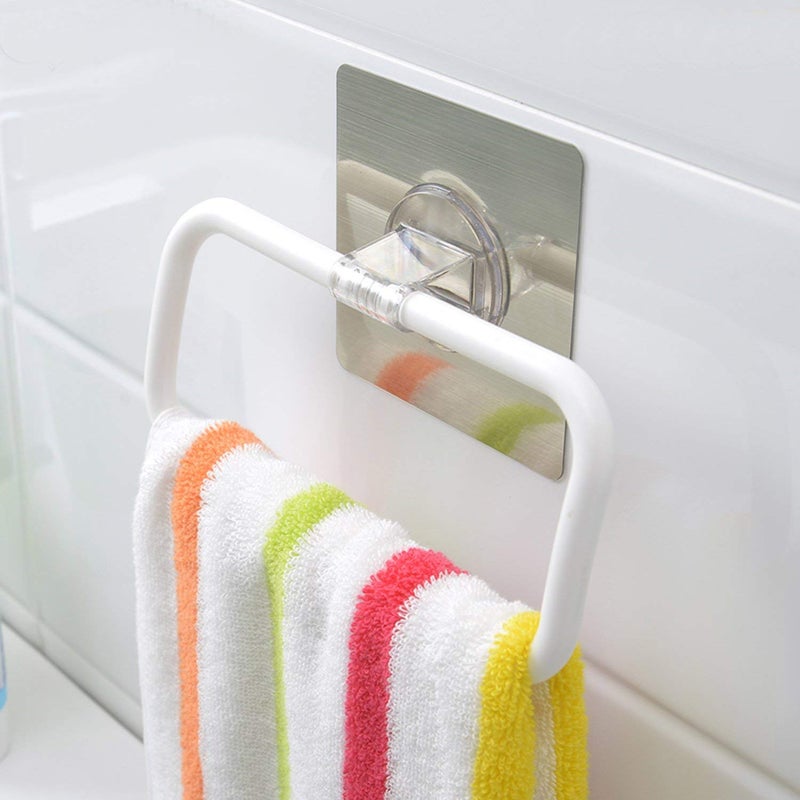DHVAJA Magic Sticker Series Self-Adhesive Square Plastic Towel Holder Hanger Ring for Bathroom and Kitchen (White) - Image 3