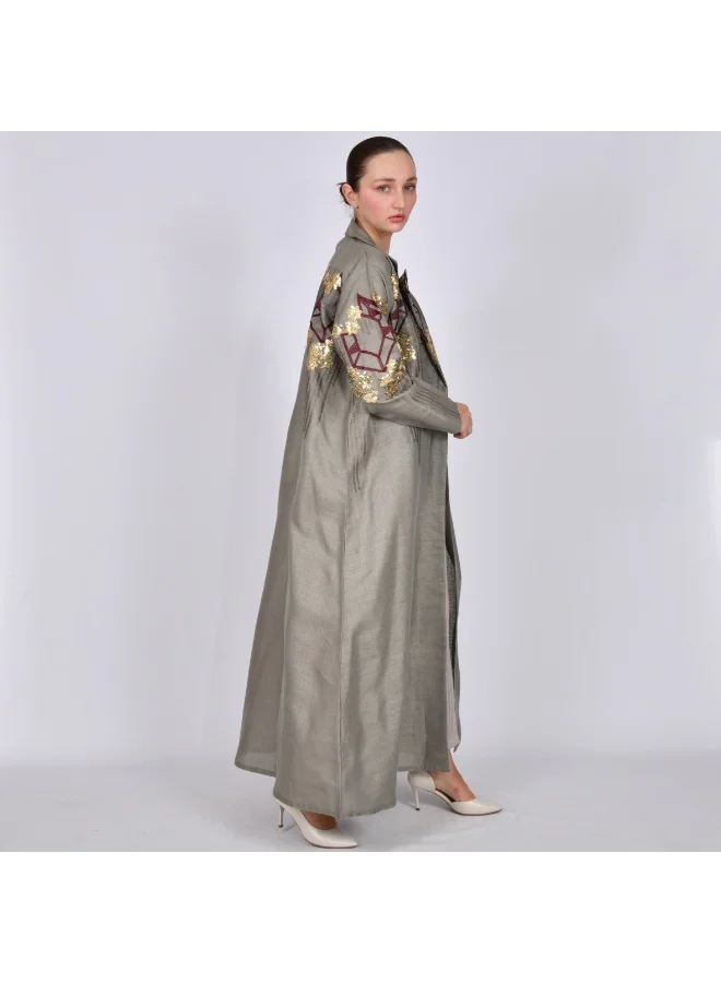 HAWRAA ABAYA Formal cut abaya in gray, decorated with bright colored embroidery and beading.