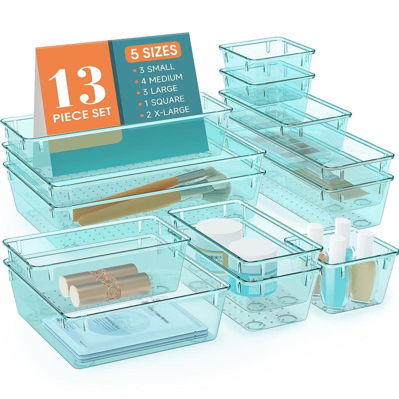 WOWBOX 13 PCS Plastic Drawer Organizer Set 5 Sizes Desk Drawer Divider Organizers and Storage Bins for Makeup Jewelry Gadgets for Kitchen Bedroom Bathroom Office