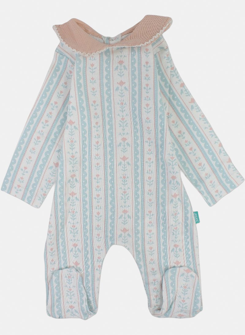 Baby Girls Cotton Baby Footie – Off-White with Striped Rose Print