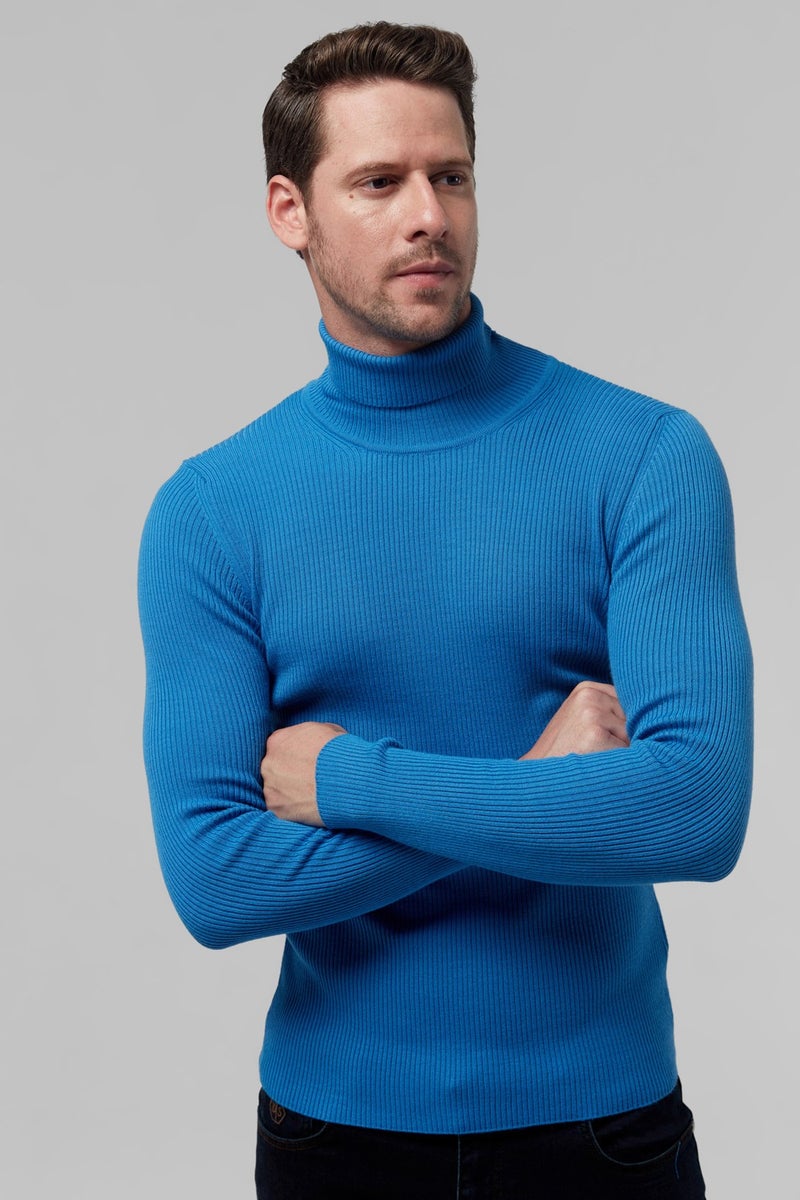 twn Slim Fit Saks Blue Rib Knitted Sweater 9EC060631764M  - Image 4