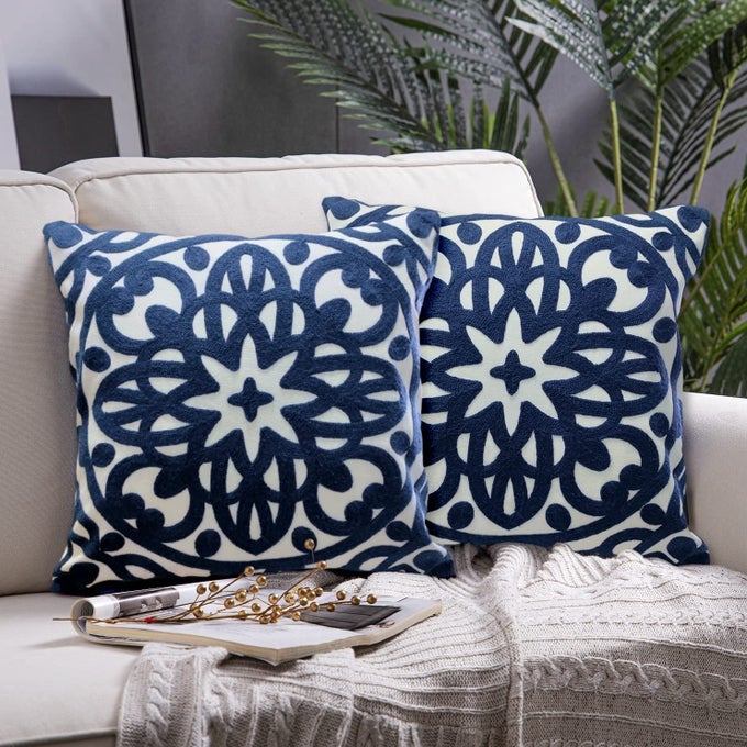 EMBROIDERED DECORATIVE THROW PILLOW COVERS 18X18 SET OF 2 PIECES CLASSIC BOHO MANDALA KNIT PATTERN DURABLE 100 COTTON CANVAS COZY CUSHION CASES FOR SOFA COUCH LIVING ROOM NAVY BLUE