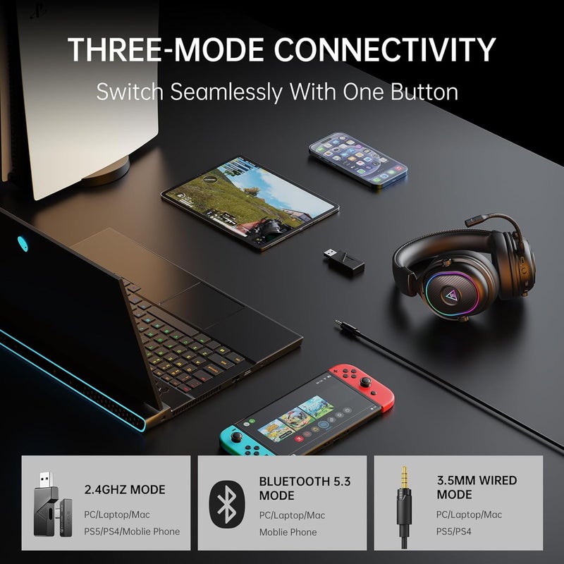 2.4GHz Wireless Gaming Headset for PS5,PS4,PC,Switch,Mobile,Mac, Bluetooth 5.3 Gaming Headphones with Detachable Microphone, RGB, 30ms Latency, 50H Battery, Stereo Sound Headset for Xbox | Bluetooth Gaming Headphones with Microphone, RGB, 30ms Latency, 50H Battery, USB&Type-C Ultra, PC Gaming Headset for Computer - Image 2