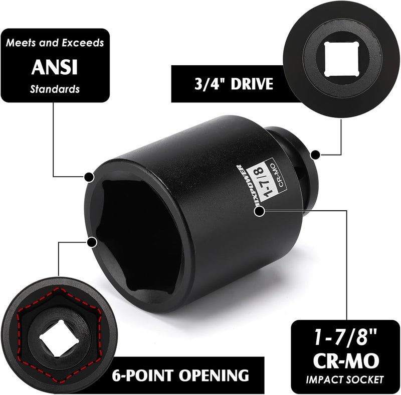 MIXPOWER 3/4" Drive Deep Impact Socket, CR-MO, 1-7/8", SAE, 6 Point, Axle Nut Impact Grade Socket for Easy Removal - Image 2