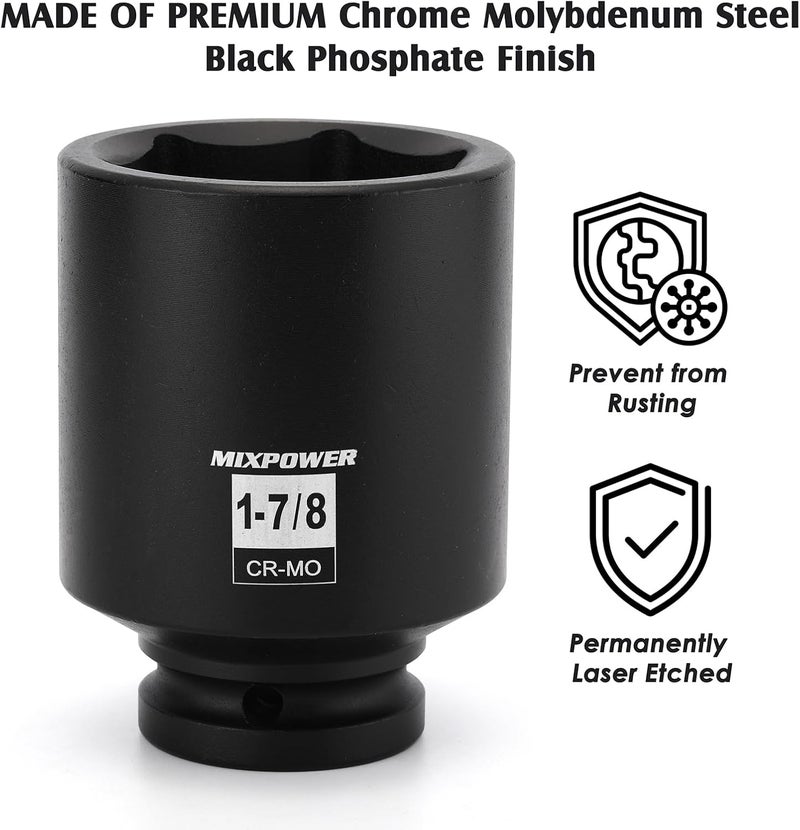MIXPOWER 3/4" Drive Deep Impact Socket, CR-MO, 1-7/8", SAE, 6 Point, Axle Nut Impact Grade Socket for Easy Removal - Image 3