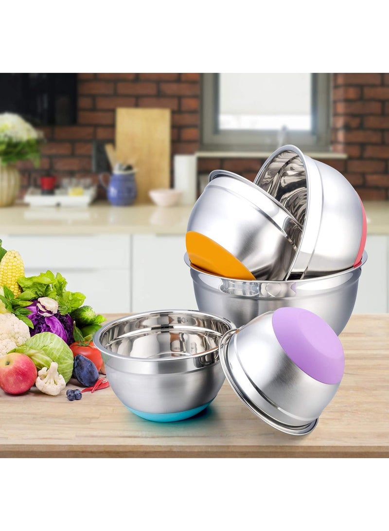 DubaiGallery Mixing Bowl Set, 5-Piece Stainless Steel Salad Bowl Set with Lid and Silicone Base for the Kitchen, Multifunctional, Stackable, Dishwasher Safe - Image 3