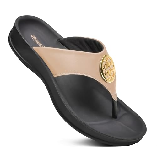 AEROTHOTIC Flip Flops for Women with Plantar Fasciitis Relief Slip On Dressy Beach Flops Comfortable Walking Orthopedic Sandals Arch Support (Othila Beige, Size 10) - Image 1