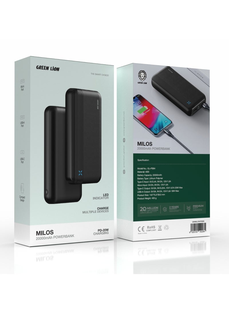 GREEN LION 20000 mAh Milos Power Bank / PD20W Fast Charger Powerbank 20000mAh / LED Indicator / Charge Multiple Devices / Micro/USB-A/USB-C Port / Compact & Slim Design / Lithium Polymer Battery Type - Black - Image 3