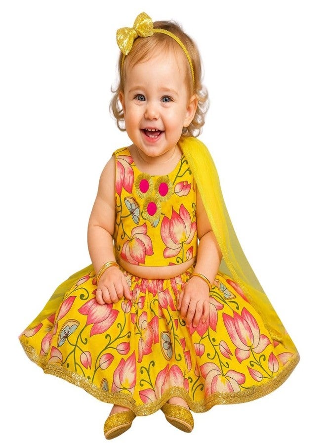 A.T.U.N. (ALL THINGS UBER NICE) Baby Girls Cotton Ethnic Floral Lehenga Choli Set with Golden Lace & Dupatta | Traditional 3-Piece Festive Outfit for Kids - Image 1
