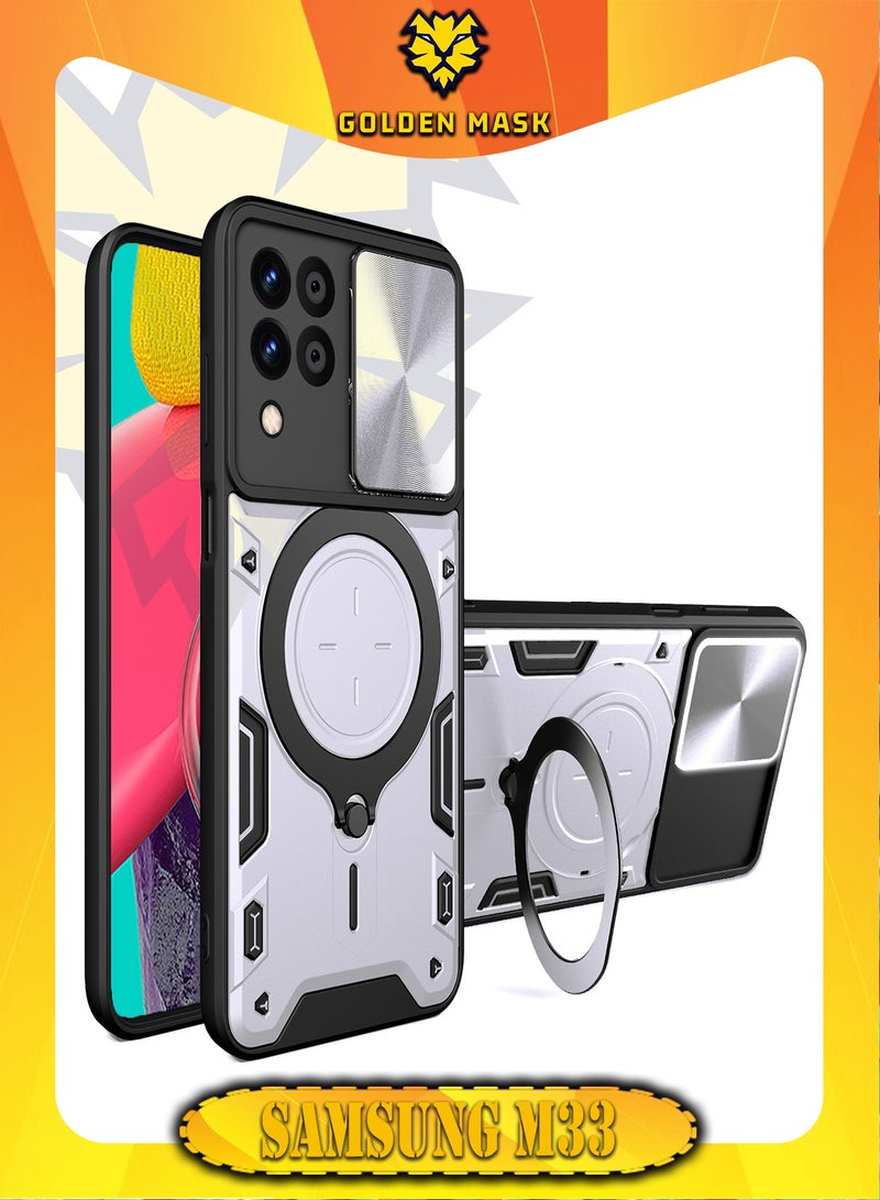 GOLDEN MASK For Samsung Galaxy M33 Armored Camera Shield Cover Camera Lend Protection, Built-in 360° (Silver)