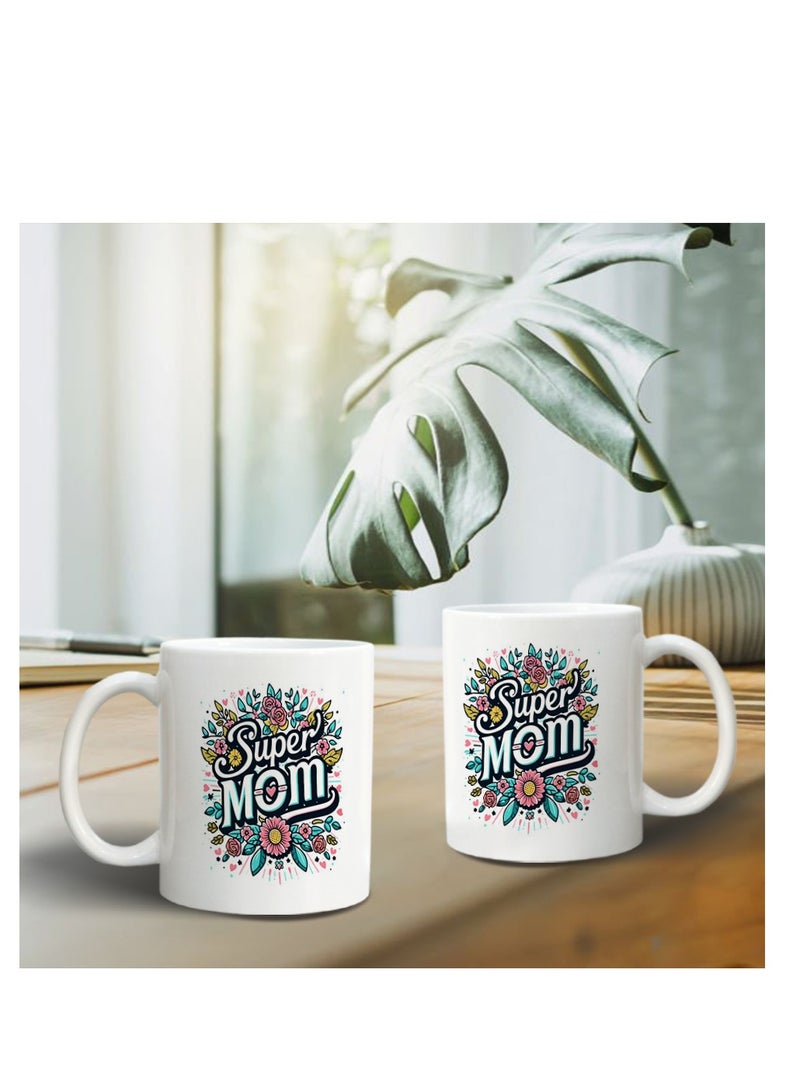 حكاية شمعة مج من السيراميك بطبعة تصميم "سوبر مام" بلون أبيض - Image 1