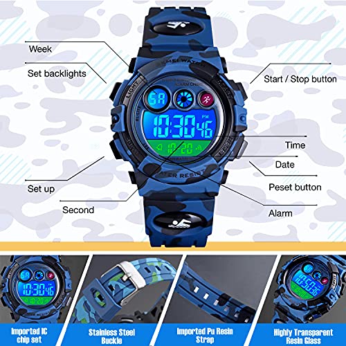 cofuo Kids Digital Sport Watch for Boys Girls, Kid Waterproof Electronic Multi Function Casual Outdoor Watches, 7 Colorful LED Luminous Alarm Camouflage Stopwatch Wristwatch - Image 2