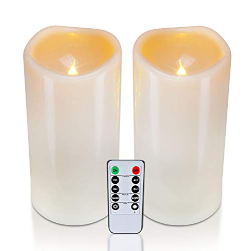 Homemory 4" x 8" Waterproof Outdoor Flameless Candles, Battery Operated Flickering LED Pillar Candles with Remote and Timers for Indoor Outdoor Lanterns, Long Lasting, Large, Dark Ivory, Set of 2 - Image 1