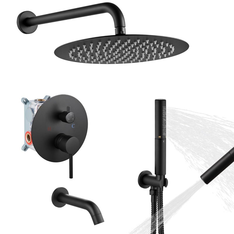 Airuida Round Shower System Set with Tub SpoutWall Mount 3 Function Rain Shower Faucet Set2 Functions Handheld Shower Tub Spout Tub Shower Combo Set Fixtures 12 Inches Shower Head Matte Black