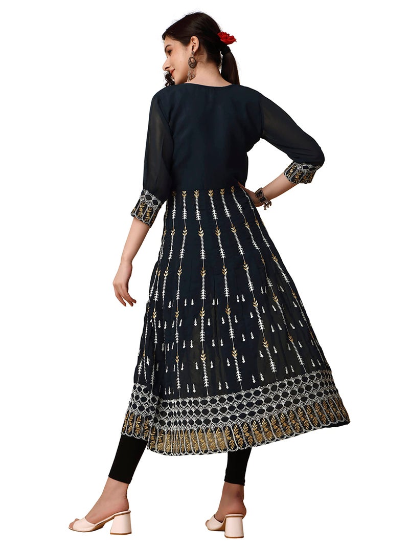 EthnicJunction Women's Embroidered Thread Work Zari Georgette Anarkali Kurta (B35-Vasundhra-Teal_S_Teal Blue) - Image 3