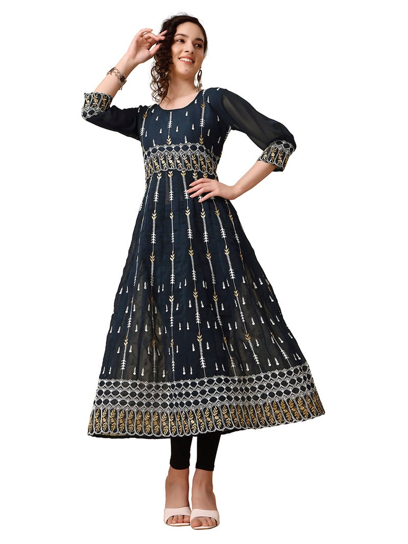 EthnicJunction Women's Embroidered Thread Work Zari Georgette Anarkali Kurta (B35-Vasundhra-Teal_S_Teal Blue) - Image 1
