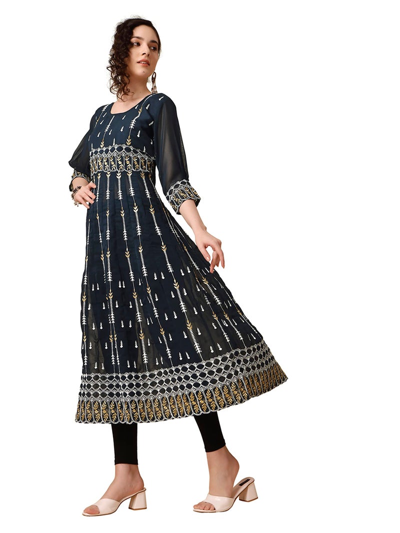 EthnicJunction Women's Embroidered Thread Work Zari Georgette Anarkali Kurta (B35-Vasundhra-Teal_S_Teal Blue) - Image 4