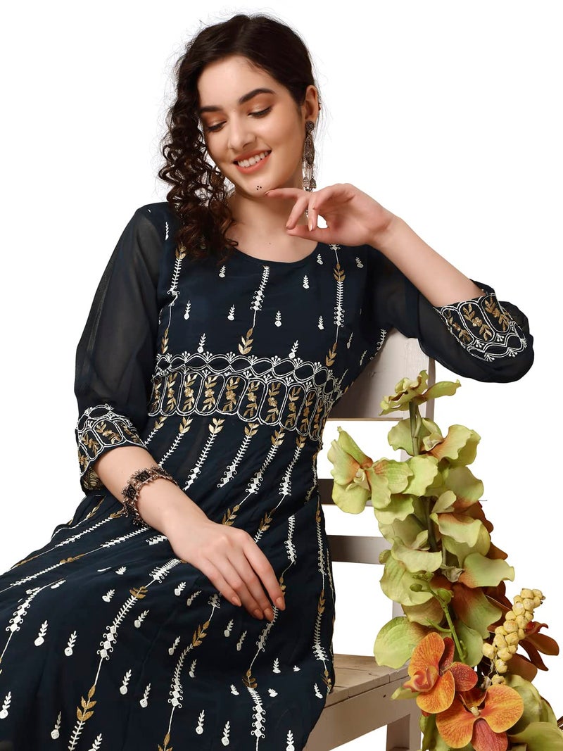 EthnicJunction Women's Embroidered Thread Work Zari Georgette Anarkali Kurta (B35-Vasundhra-Teal_S_Teal Blue) - Image 5
