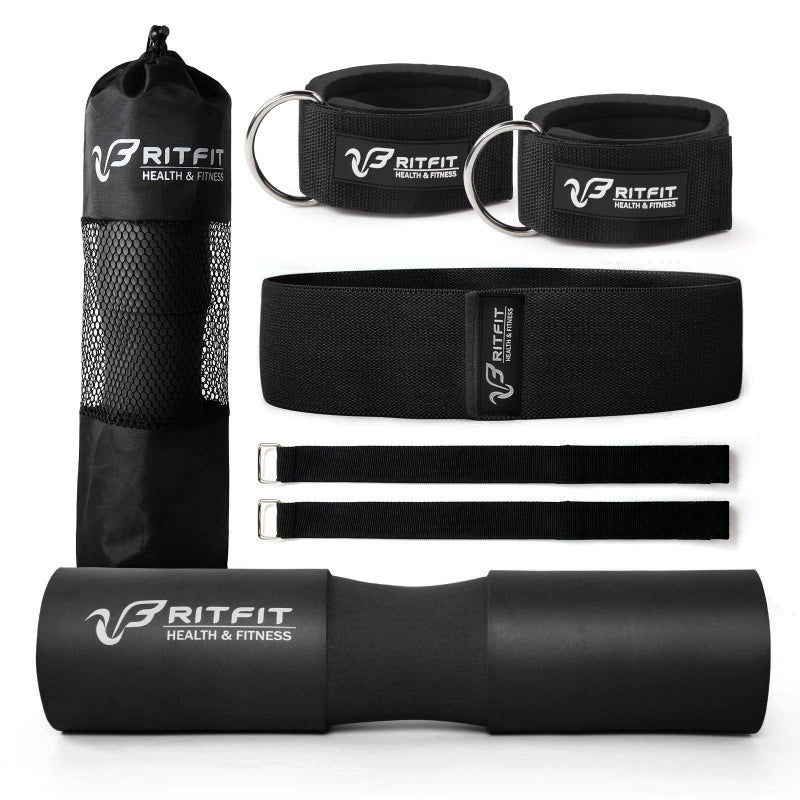 RitFit Upgraded 7 Pack Barbell Squat Pad Set with Resistance Band,2 Safety Straps,2 Gym Ankle Straps and Carry Bag,Workout for Lunges, Hip Thrusts,Protect Neck Shoulder (Black) - Image 1