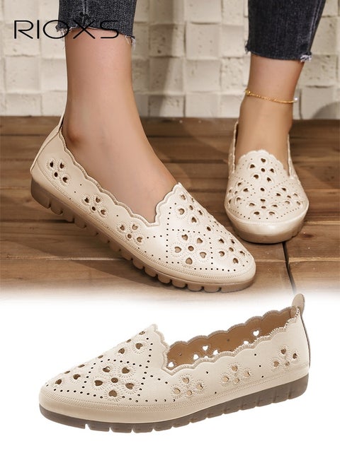 Women's Ballet Flats, Breathable Soft Round Toe Dress Shoes, Comfortable Dressy Flats with Flower Eyelets for Ladies, Fashionable Soild Color Slip On Flats, Casual Mary Jane for Work/ Travel/ Daily Wear- Beige