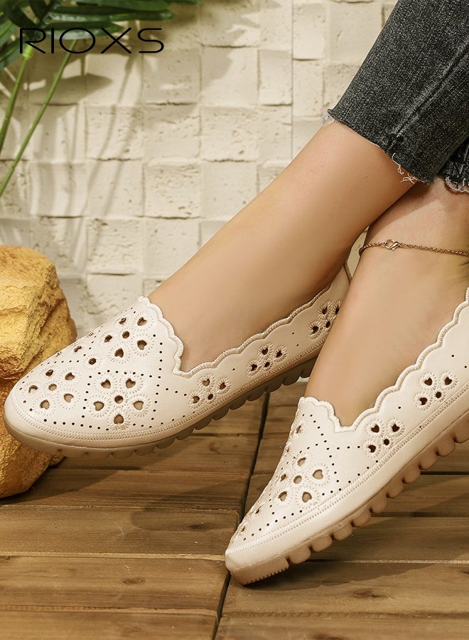 Women's Ballet Flats, Breathable Soft Round Toe Dress Shoes, Comfortable Dressy Flats with Flower Eyelets for Ladies, Fashionable Soild Color Slip On Flats, Casual Mary Jane for Work/ Travel/ Daily Wear- Beige