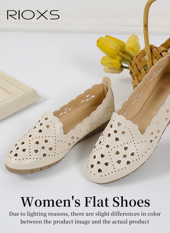 RIOXS Women's Ballet Flats, Breathable Soft Round Toe Dress Shoes, Comfortable Dressy Flats with Flower Eyelets for Ladies, Fashionable Soild Color Slip On Flats, Casual Mary Jane for Work/ Travel/ Daily Wear- Beige - Image 2
