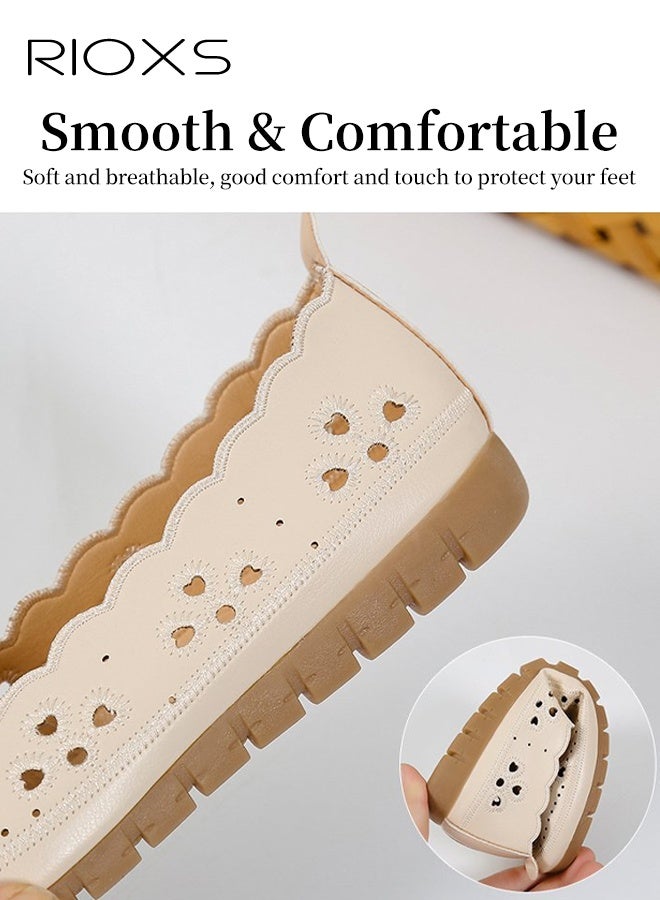 RIOXS Women's Ballet Flats, Breathable Soft Round Toe Dress Shoes, Comfortable Dressy Flats with Flower Eyelets for Ladies, Fashionable Soild Color Slip On Flats, Casual Mary Jane for Work/ Travel/ Daily Wear- Beige - Image 5