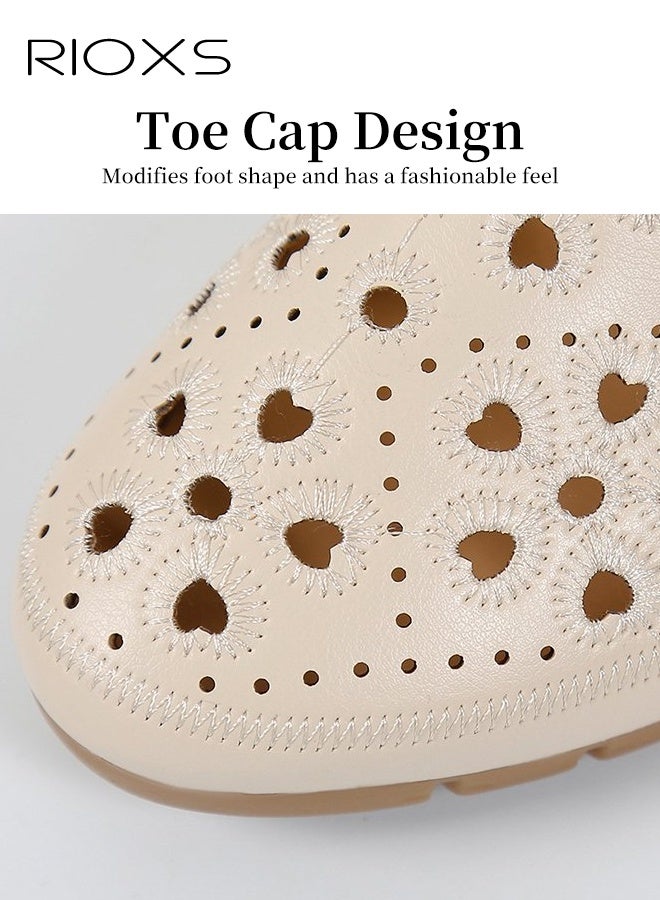 RIOXS Women's Ballet Flats, Breathable Soft Round Toe Dress Shoes, Comfortable Dressy Flats with Flower Eyelets for Ladies, Fashionable Soild Color Slip On Flats, Casual Mary Jane for Work/ Travel/ Daily Wear- Beige - Image 3