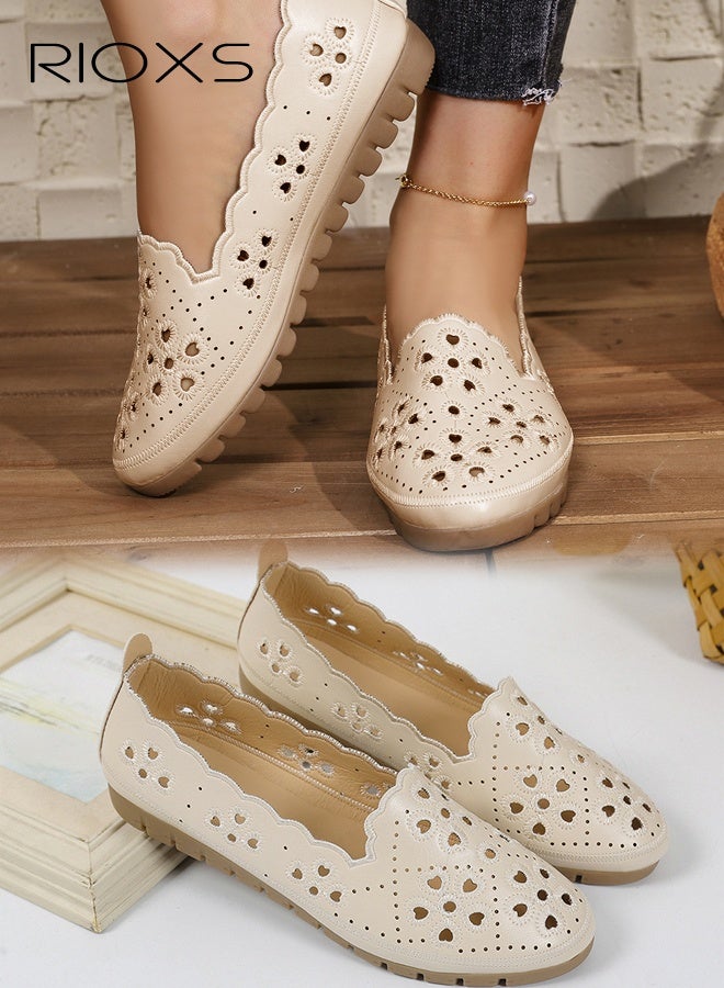 Women's Ballet Flats, Breathable Soft Round Toe Dress Shoes, Comfortable Dressy Flats with Flower Eyelets for Ladies, Fashionable Soild Color Slip On Flats, Casual Mary Jane for Work/ Travel/ Daily Wear- Beige