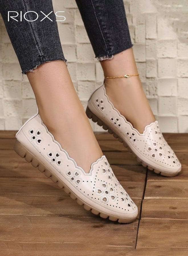 Women's Ballet Flats, Breathable Soft Round Toe Dress Shoes, Comfortable Dressy Flats with Flower Eyelets for Ladies, Fashionable Soild Color Slip On Flats, Casual Mary Jane for Work/ Travel/ Daily Wear- Beige